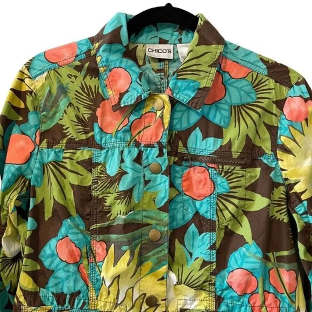 Chicos Tropical Floral Print Denim Jacket Women Size 0 Chicos - XS  Button Front